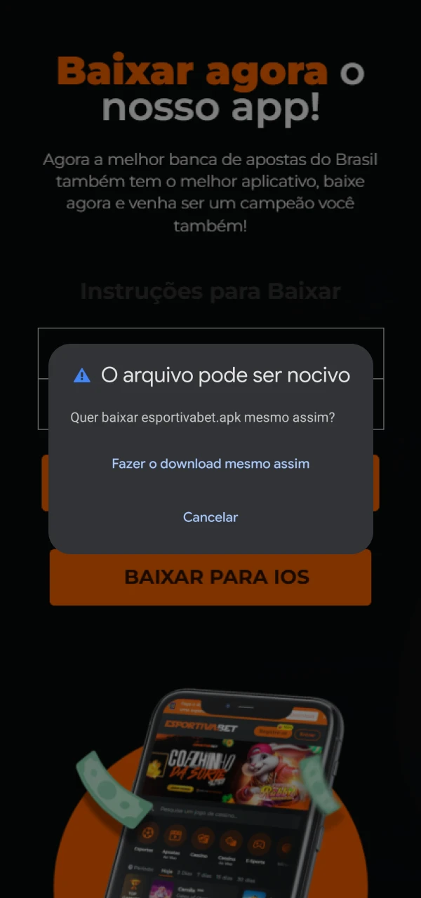 Confirmar o download do ficheiro APK EsportivaBet.