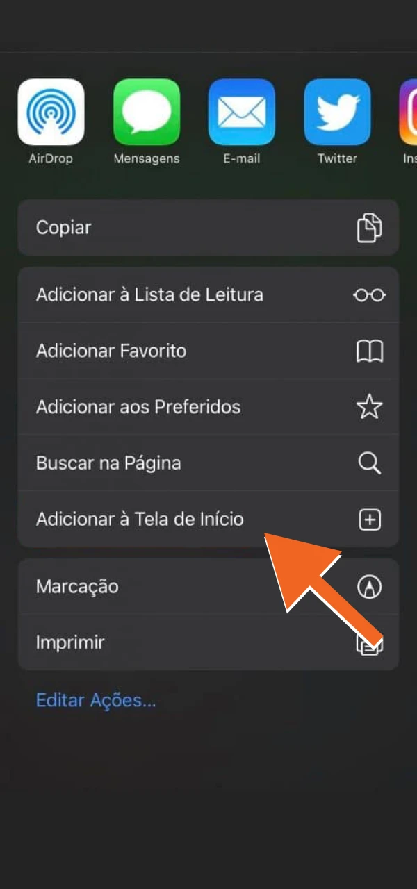 Encontre Adicionar à Tela de Início no menu para adicionar o EsportivaBet.