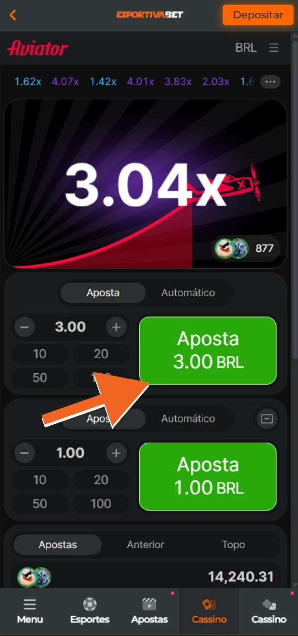 Acrescenta o montante da tua aposta e coloca a aposta no Aviator EsportivaBet.