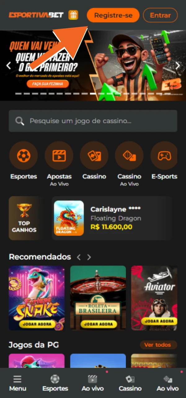 Encontre o botão de Registo no site oficial do EsportivaBet.