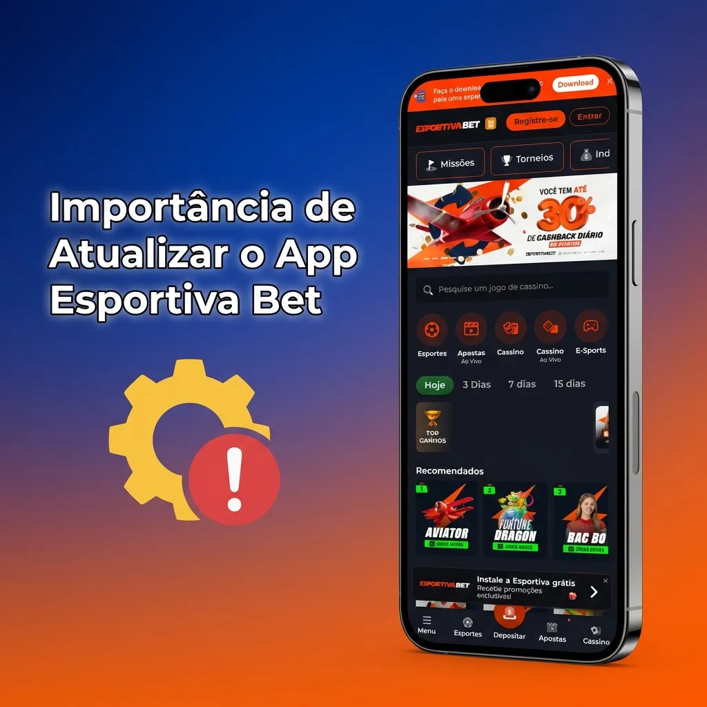 Smartphone exibindo notificação de atualização do app Esportiva Bet com ícone de segurança e símbolo de apostas esportivas
