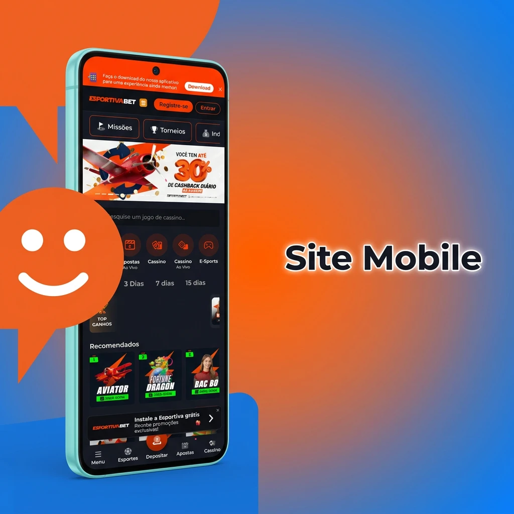 Site mobile da Esportiva Bet no navegador do celular com apostas esportivas, cassino e eSports disponíveis